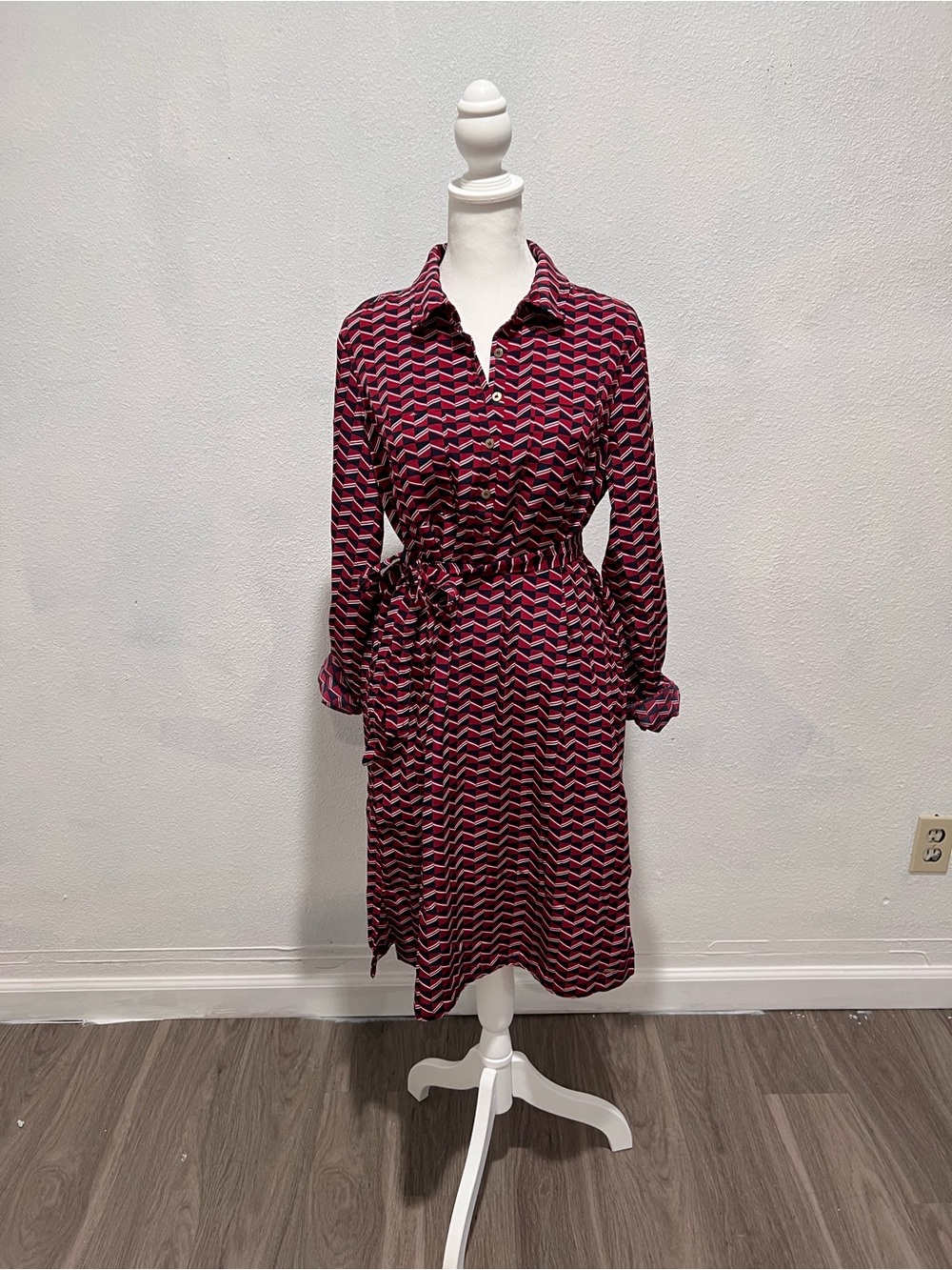 Tommy Hilfiger Pink Chevron Shirt Dress with Tie Waist